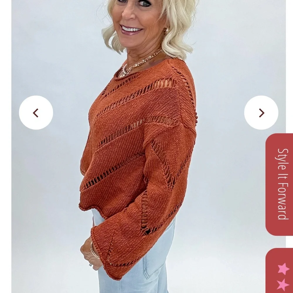 The orange Autumn Glaze Distressed‎ Sweater is Sz Medium